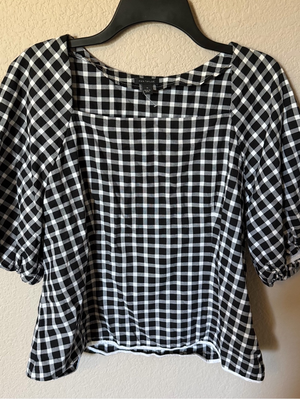ANN TAYLOR Womens 14 Gingham Puff Sleeve Square Neck Pullover Blouse Side Zip